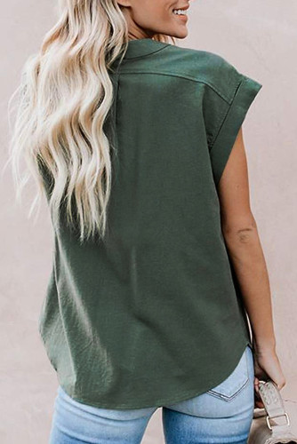 Green Button Down Pocket Cap Sleeve Shirt