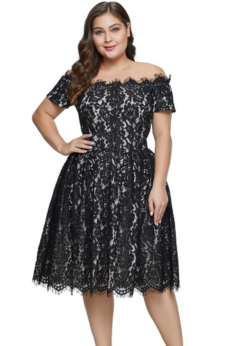 Black Short Sleeve Off-shoulder Lace Plus Size Dress