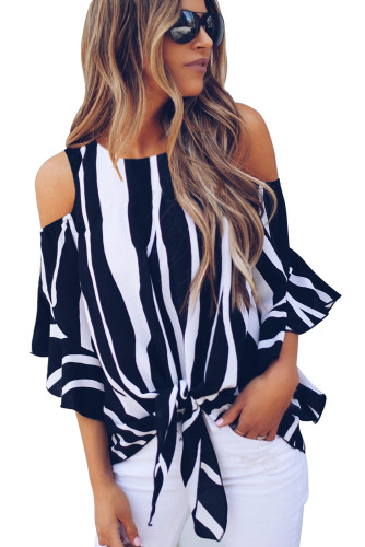 Black Cold Shoulder Vertical Stripes Blouse