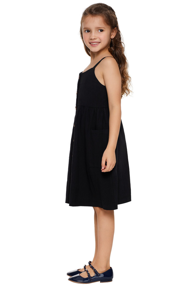 Black Little Girls Spaghetti Strap Button Dress with Pockets