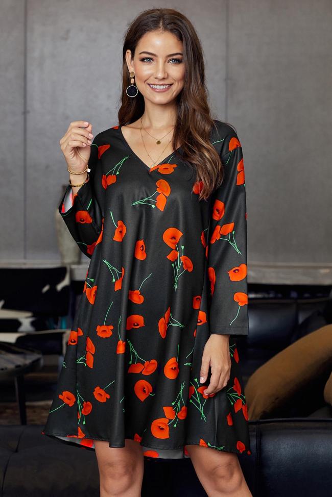 Black Printed V-Neck Three Quarter Sleeve Loose Dress