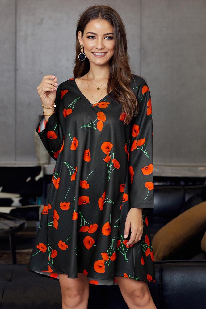 Black Printed V-Neck Three Quarter Sleeve Loose Dress