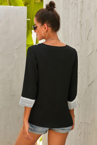 Black Summer Boho Embroidered V Neck Loose Blouse