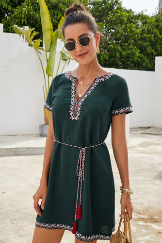 Green Summer Boho Embroidered V Neck Short Sleeve Casual Mini Dress