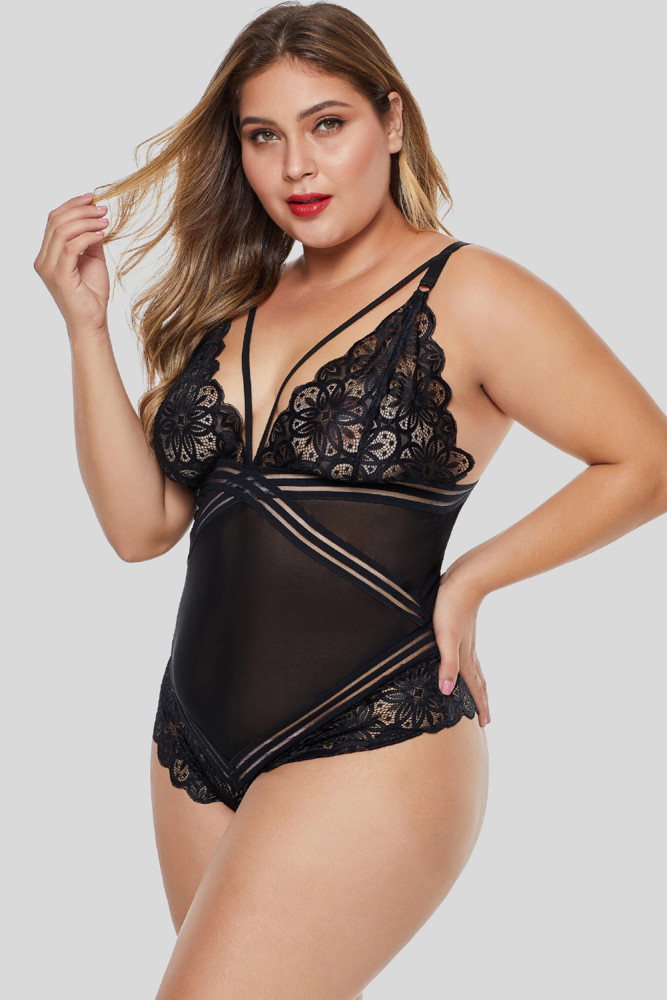 Black Plus Size Deep V Crossbody Bodysuit