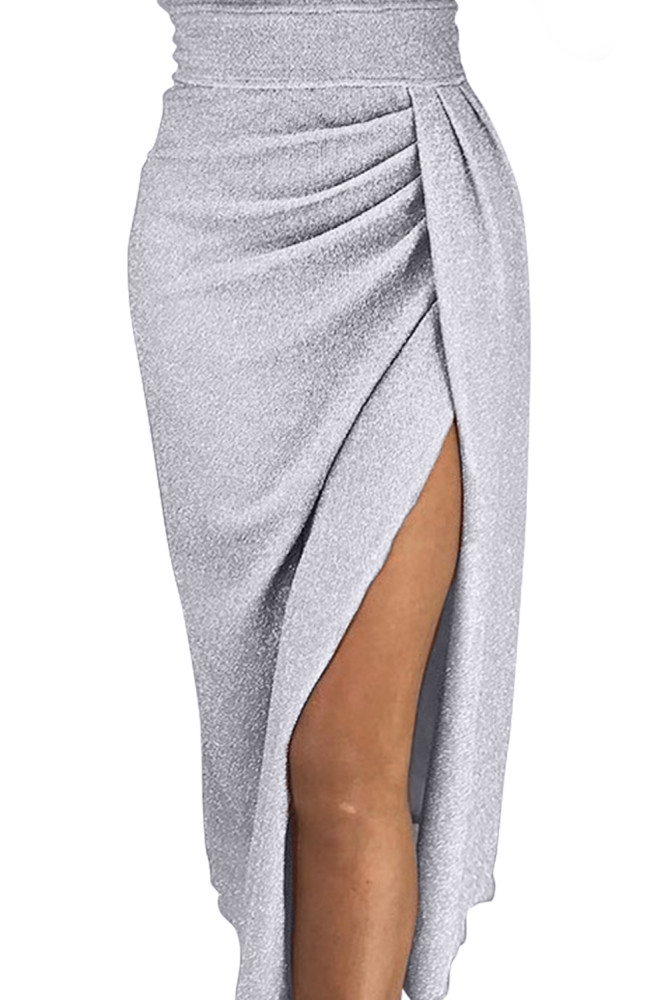 Gray Off Shoulder Short Sleeve Metallic Slit Party Dress