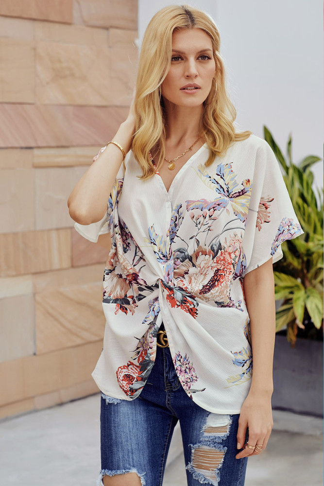 White Amaryllis Floral Twist Top