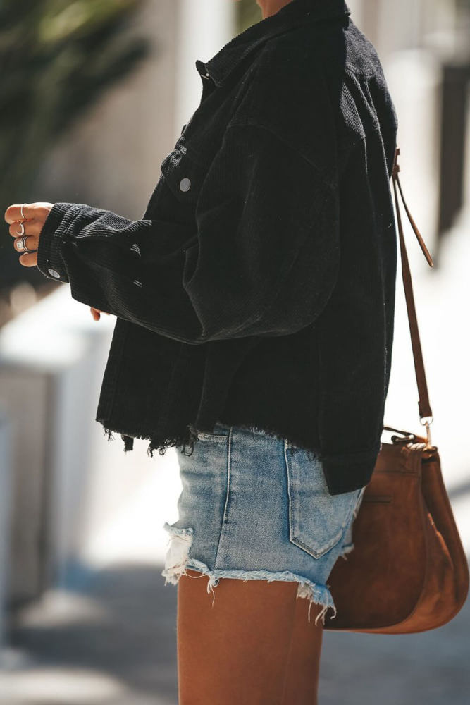 Black Distressed Cotton Cordury Jacket