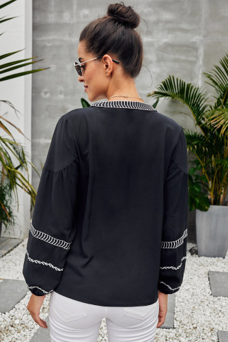 Black V Neck Bohemian Printed Lantern Sleeve Blouse