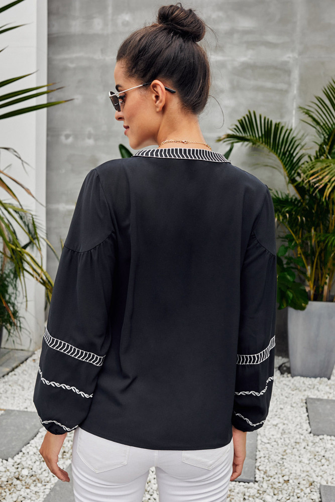 Black V Neck Bohemian Printed Lantern Sleeve Blouse