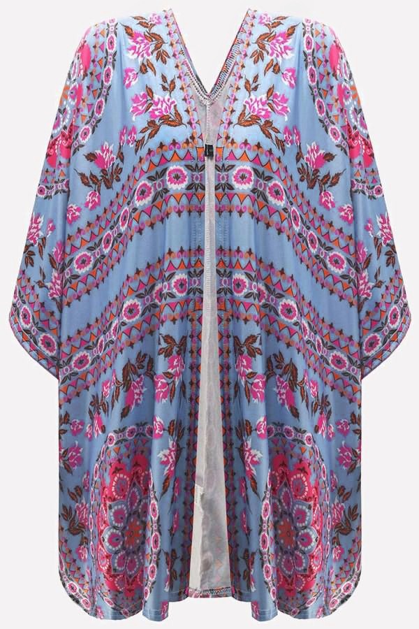 Sky Blue Floral Kimono Cardigan Open Front Cover Up
