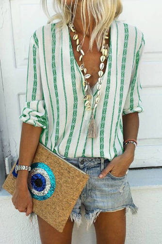 Green V Neck Striped Button Down Blouse