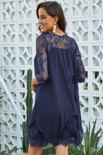Blue Chiffon Overlay Three Quarter Sleeve Dress
