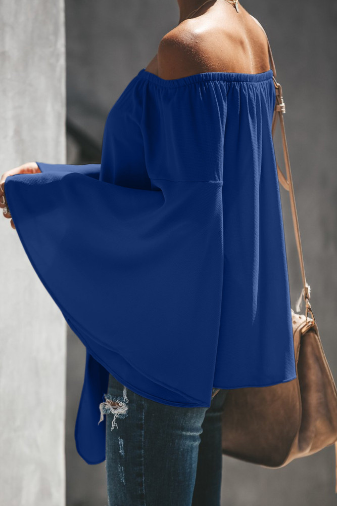 Blue Off The Shoulder Bell Sleeve Tie Blouse