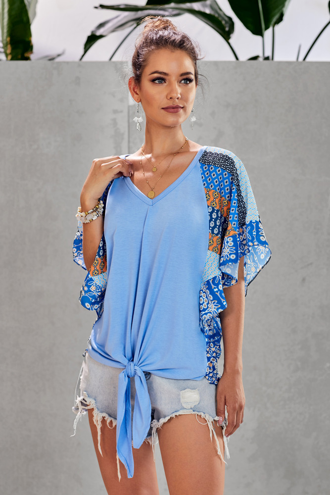 Blue Fashion Casual Short Sleeved Printed Top T-Shirt