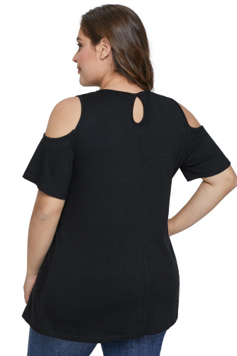 Black Lace Yoke Cold Shoulder Plus Size Top