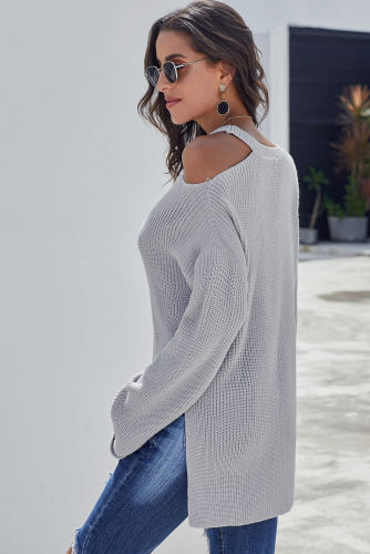 Gray Asymmetric Cut out Shoulder Pullover Sweater