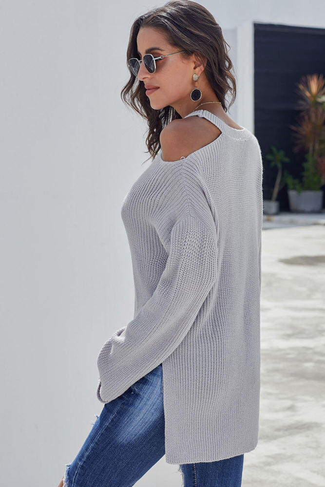 Gray Asymmetric Cut out Shoulder Pullover Sweater