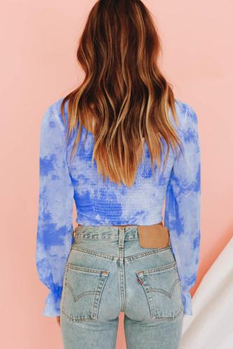 Blue Shirred Long Sleeve Crop Top
