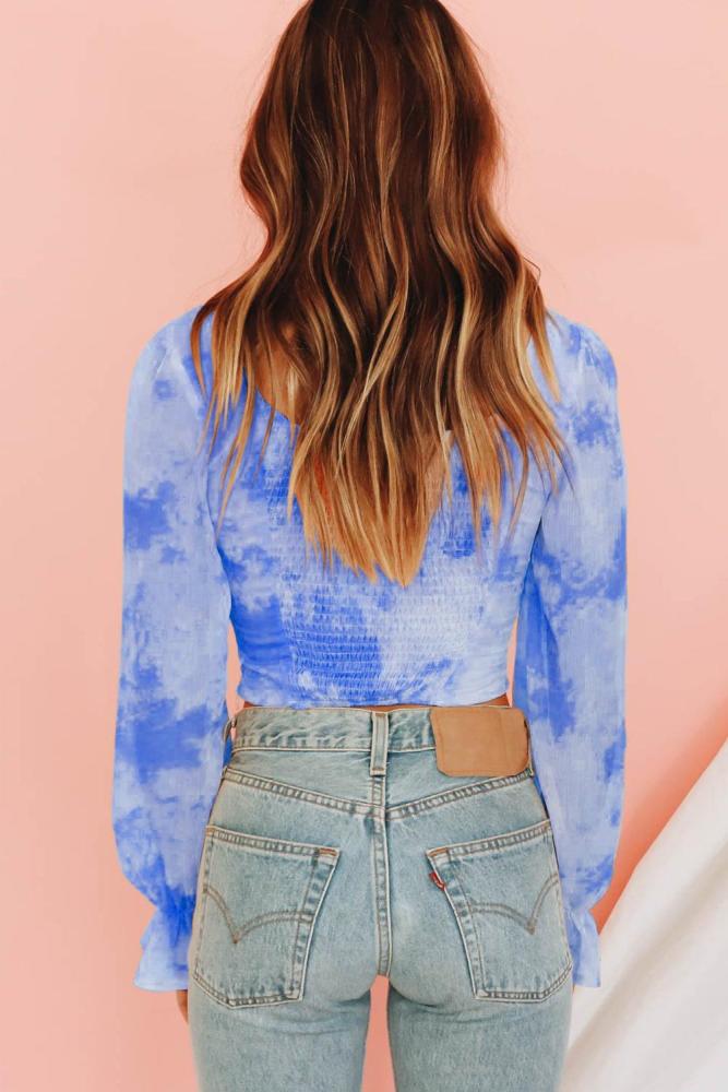 Blue Shirred Long Sleeve Crop Top