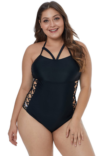 Black Crisscross Hollow-out Side Plus Size Maillot