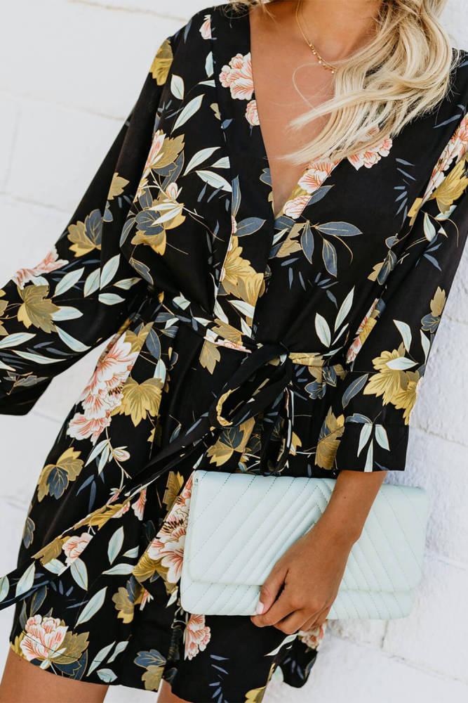 Black Casual V Neck 3/4 Sleeve Floral Dress