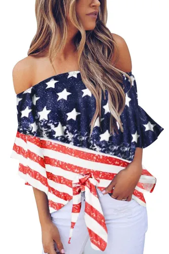 Stripes Stars Print Off The Shoulder Blouse