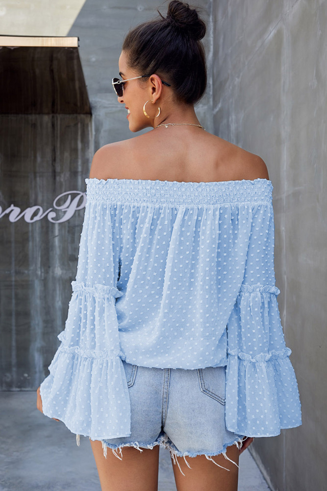Sky Blue Swiss Dot Off The Shoulder Top