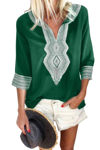 Green Summer Boho Embroidered V Neck Loose Blouse