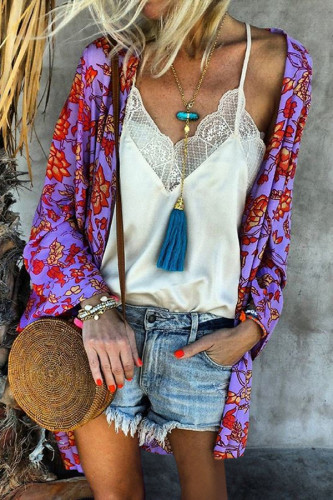 Purple Floral Print Loose Kimono Cardigan Cape