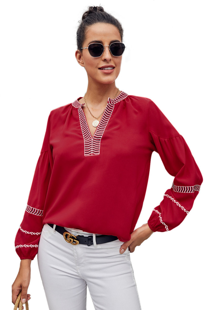 Red V Neck Bohemian Printed Lantern Sleeve Blouse
