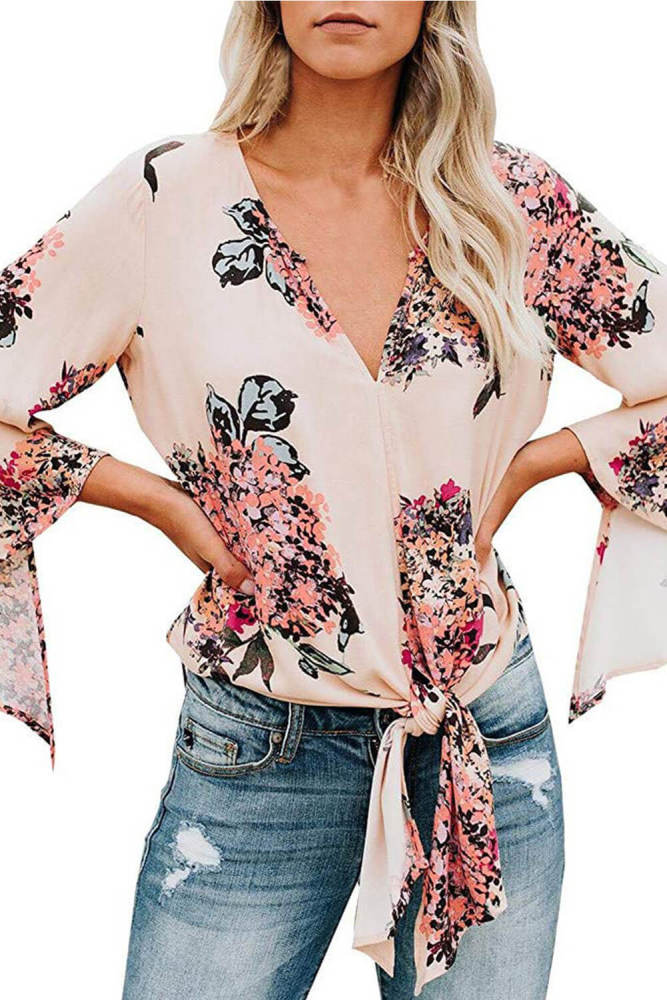 Pink V Neck Flared Sleeve Floral Blouse