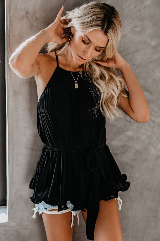 Black Pleats To Meet You Tie Top
