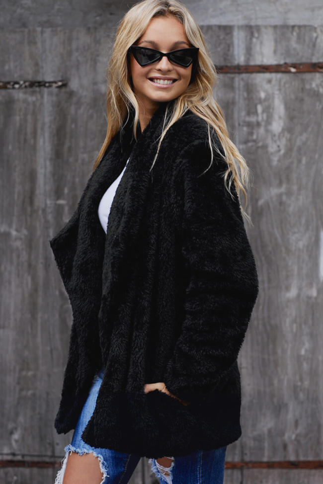 Black Pocketed Sherpa Jacket