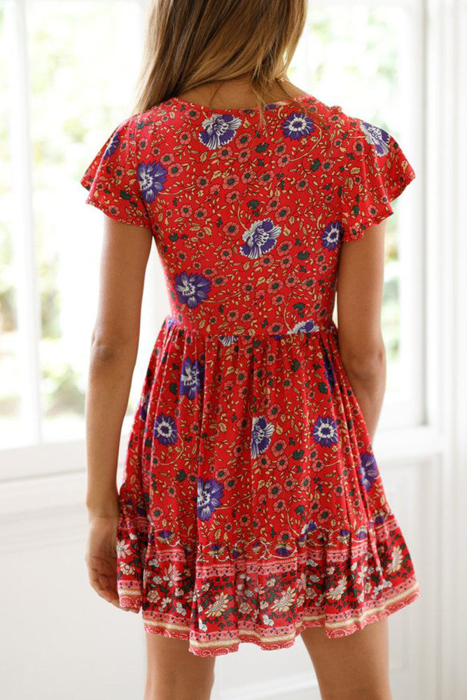 Orange Red Floral Print Valentina Dress