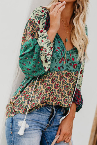 Green Floral Print Peasant Blouse