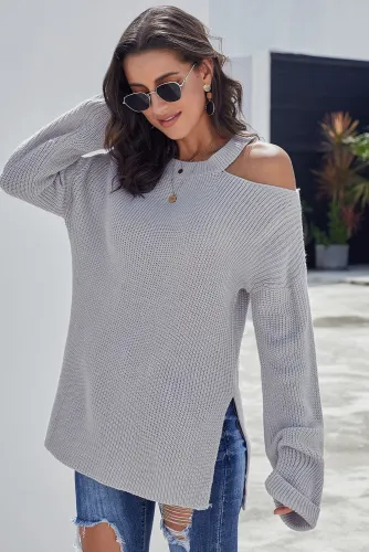Gray Asymmetric Cut out Shoulder Pullover Sweater