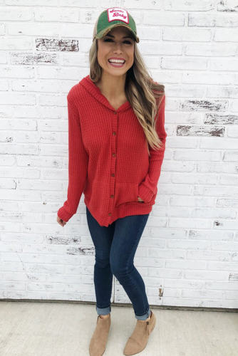 Red Open Front Pocket Button Down Knit Cardigan Coat