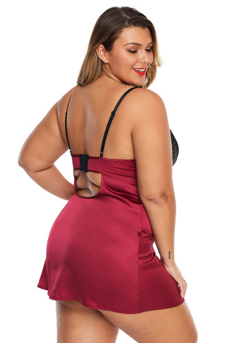 Red Coloblock Lace Cup Hollow-out Plus Size Babydoll