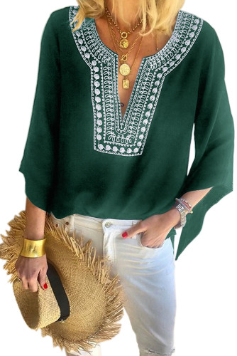 Green V Neck Vintage Floral Print Blouse