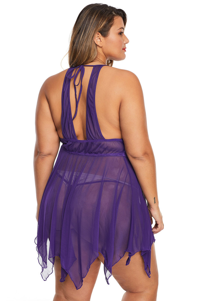 Purple Deep V Neck Halter Plus Size Babydoll