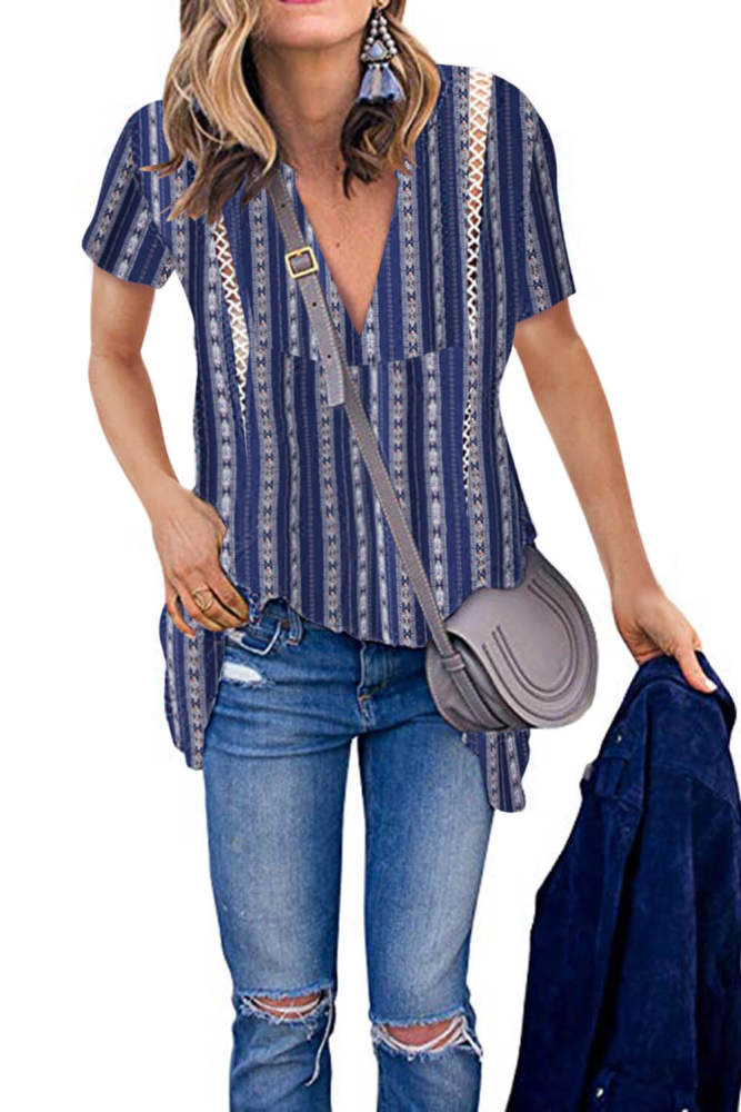 Blue Boho Floral Printed V Neck Short Sleeve Blouse