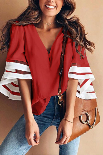 Red Contrast Color Flare Sleeve V Neck Loose Blouse