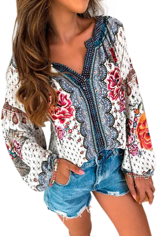 Red Floral Print Long Sleeve Mid-Length Blouse