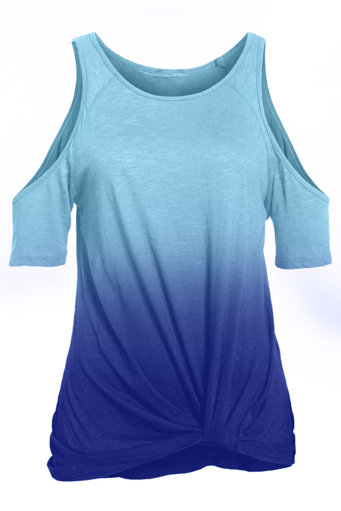 Blue Gradient Cold Shoulder Knot Twisted T-Shirt