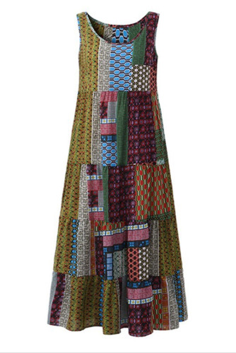 Green Bohemian Splicing Round Neck Sleeveless Dress