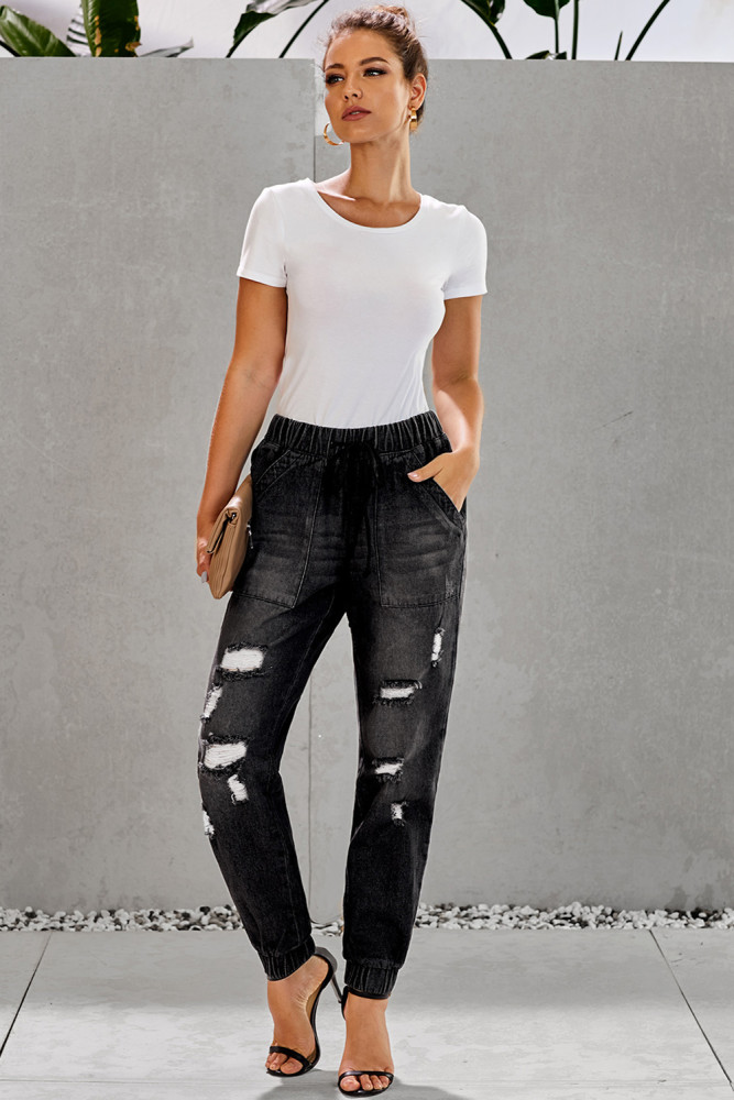 Black Distress Drawstring Pocketed Joggers