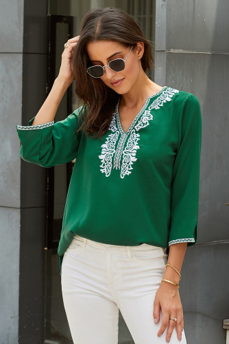 Green Vintage Floral Print V-Neckline 3/4 Sleeves Blouse