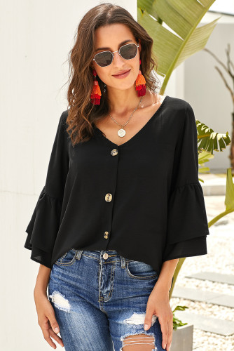 Black Cute V Neck Bell Sleeve Shift Blouse