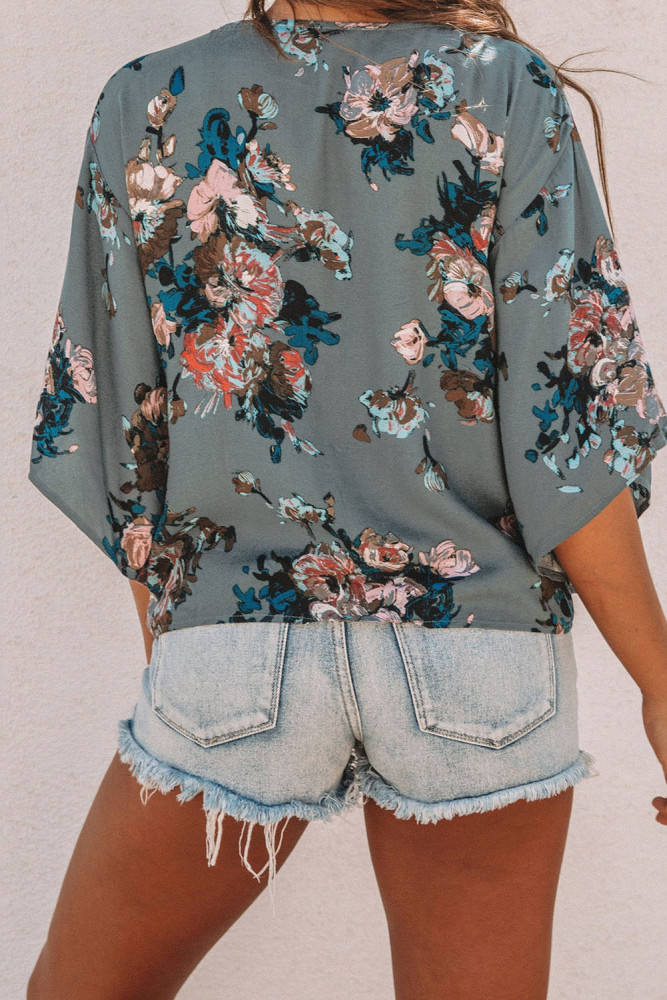 Green Floral Printed Deep V Neck Tie Front Blouse